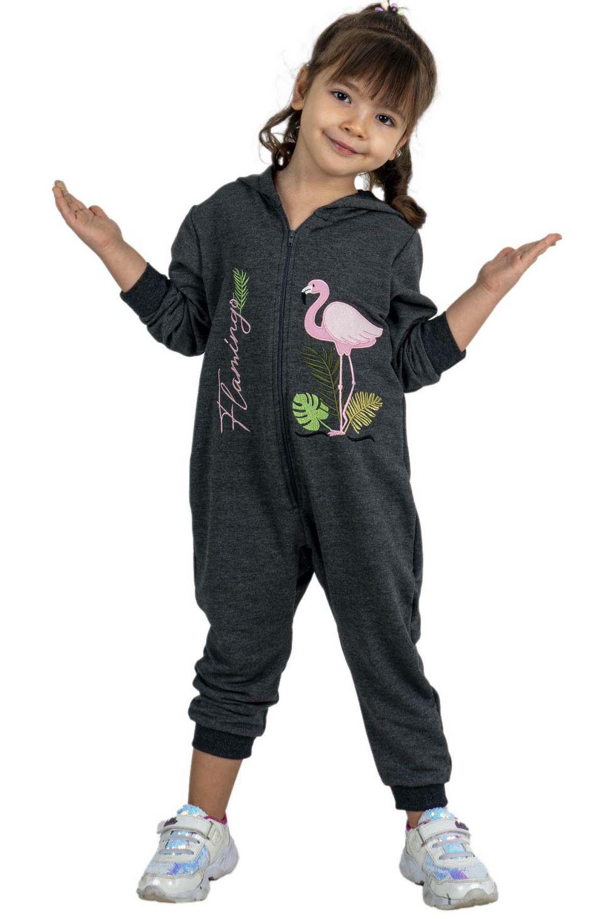 Kız Bebek Üzerinde Flamingo Baskılı Önü Fermuarlı Kapüşonlu Füme Tulum