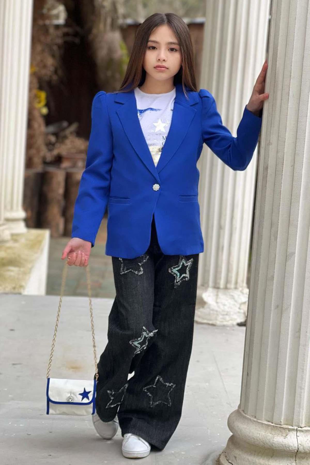 Kız Çocuk Baskılı T-shirt Bol Kesim Yıldız Detaylı Jean Pantolon Mavi Blazer Ceket Alt Üst Takım