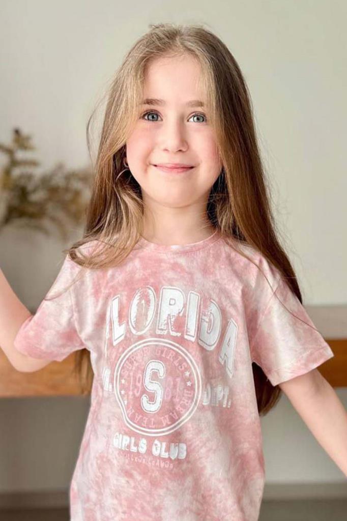 Kız Çocuk Florida Yazı Baskılı Penye T-Shirt Pudra Şortlu Takım