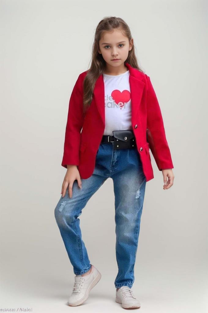 Kız Çocuk Kalp ve Little Baskılı Tişört ve Jean Kırmızı Blazer Ceket Alt Üst Takım