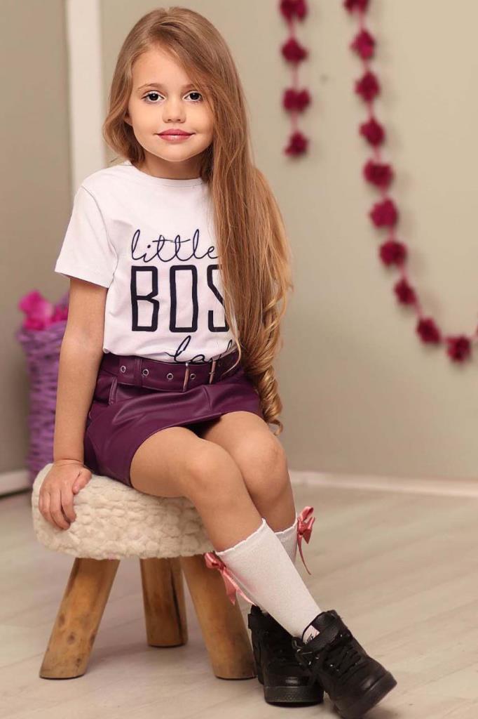 Kız Çocuk Little Yazı Baskılı T-Shirt Cep Detaylı Kemerli Bordo Deri Etekli Takım
