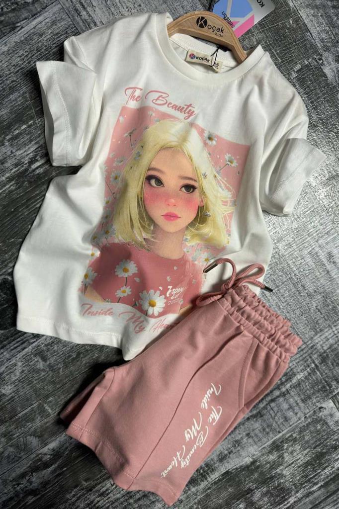 Kız Çocuk Papatya Ve The Beauty Yazı Baskılı Penye T-Shirt Pudra Şortlu Takım