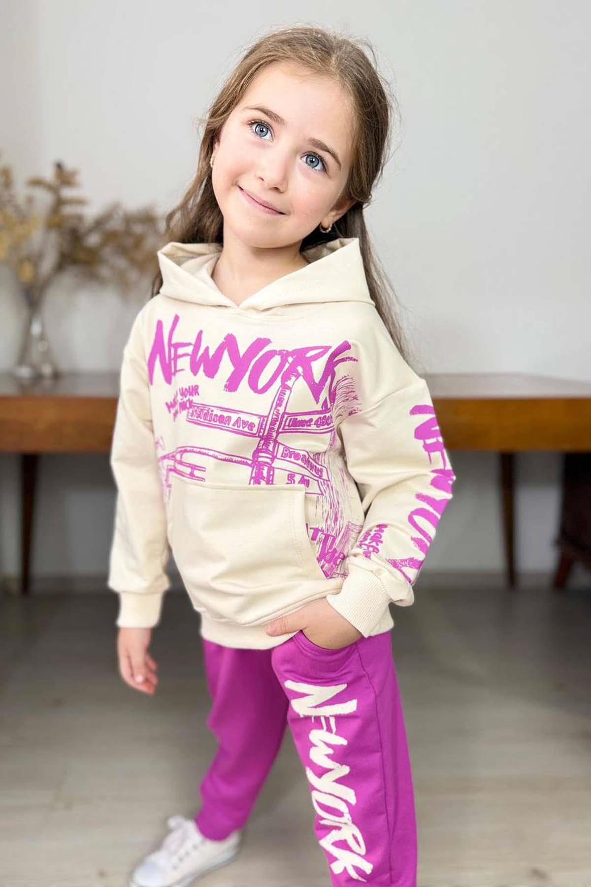 Kız Çocuk Üzeri New York Yazı Detaylı Bilekleri Manşetli Sweatshirt Mor Eşofman Takım