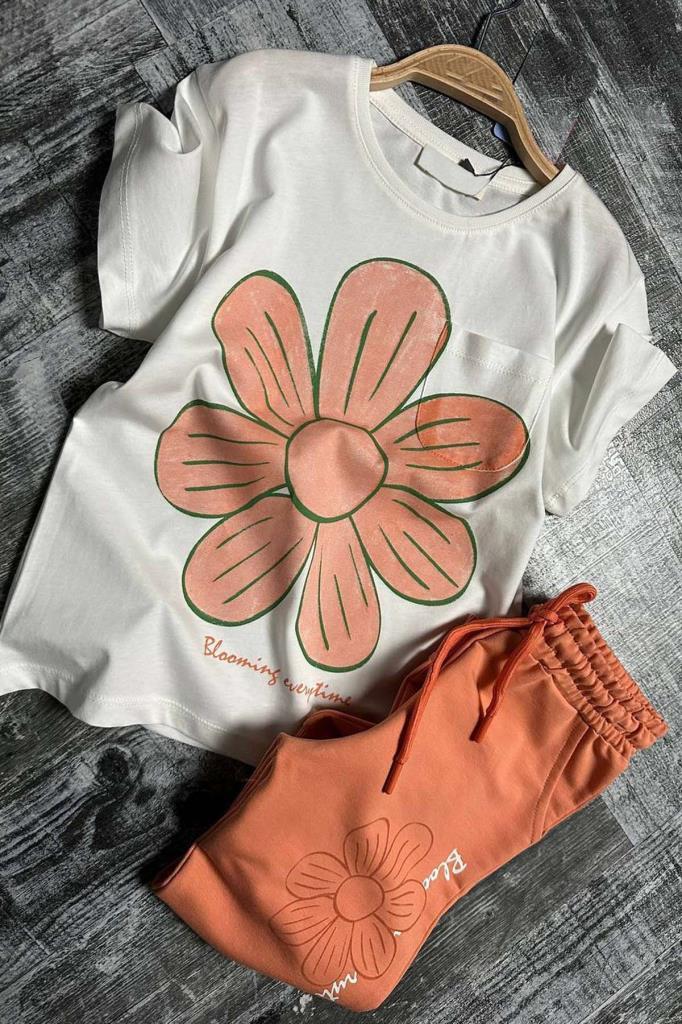 Kız Çocuk Üzeri Papatya Baskılı T-Shirt Çift Cepli Lastikli Turuncu Pijama Takımı