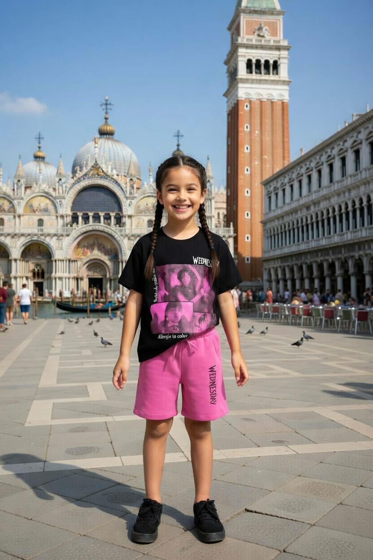 Kız Çocuk Üzeri Yazı ve Wednesday Karakter Baskılı T-Shirt Mor Şortlu Takım