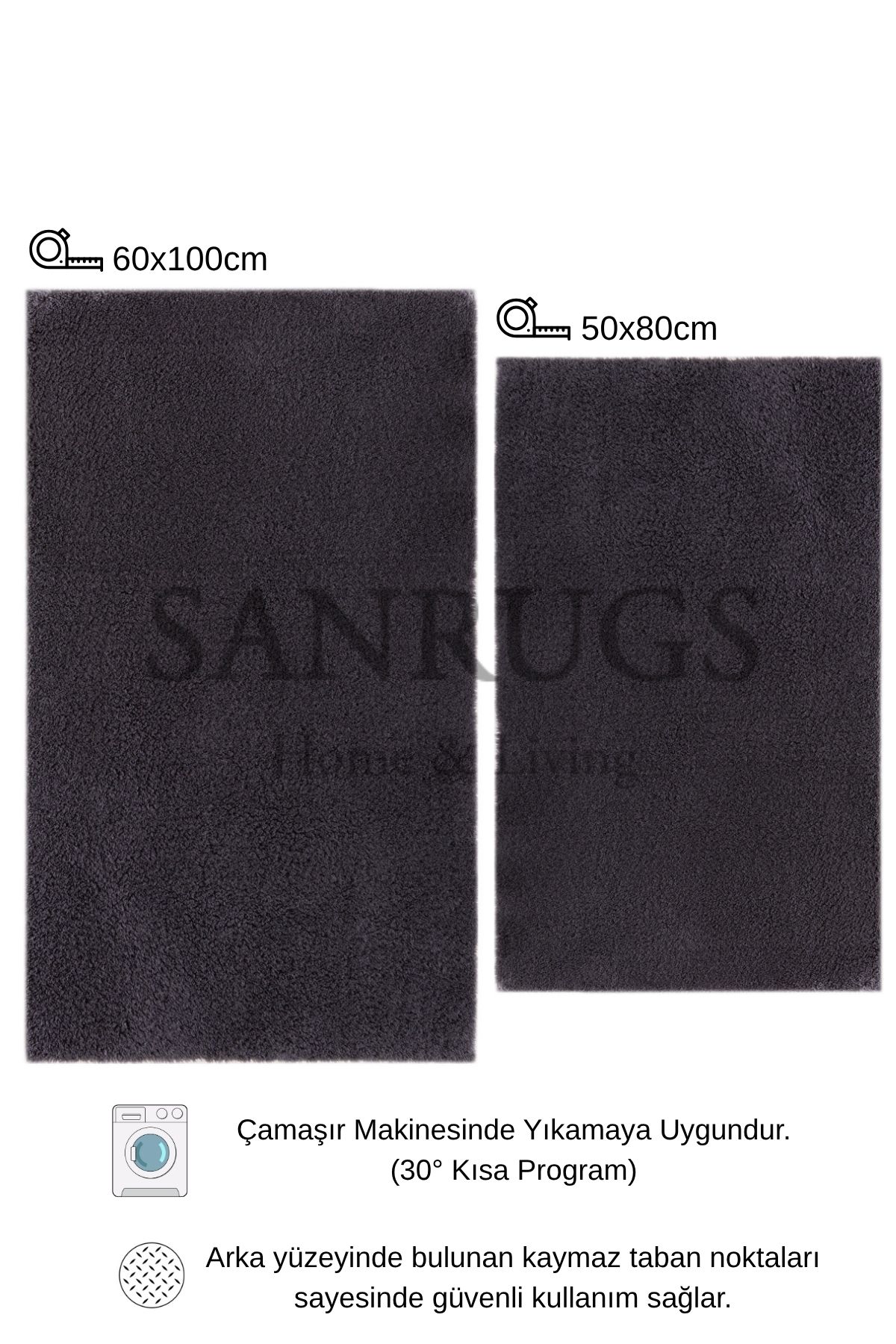 60x100cm ve 50x80cm 2'li Banyo Paspas Seti Peluş Tüylü Kaymaz Taban Yıkanabilir - 3