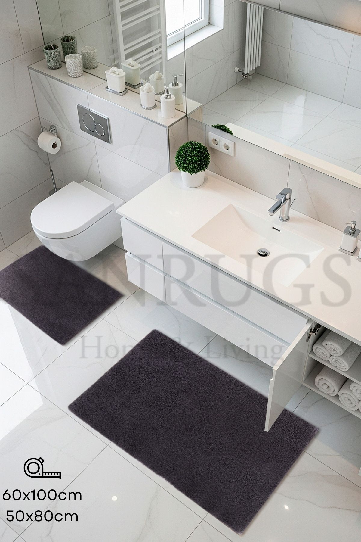 60x100cm ve 50x80cm 2'li Banyo Paspas Seti Peluş Tüylü Kaymaz Taban Yıkanabilir - 1