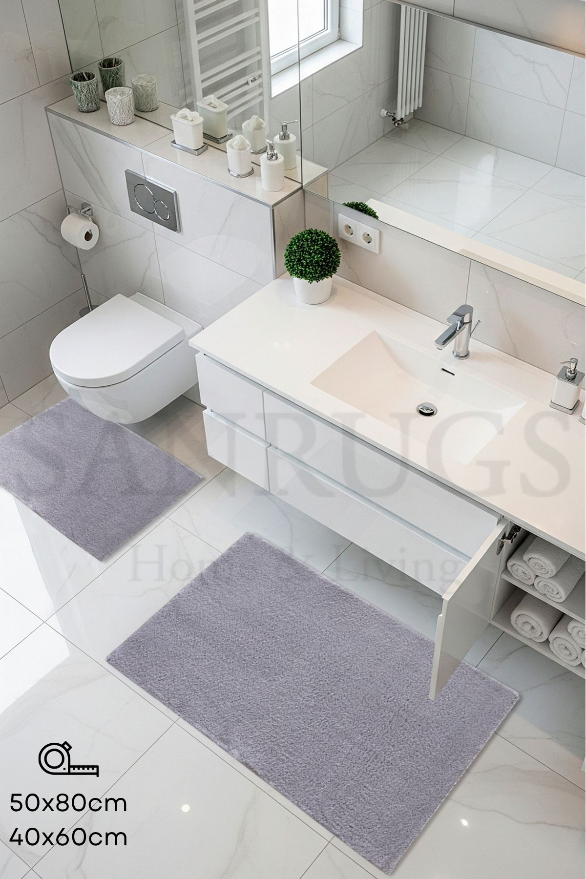 50x80cm ve 40x60cm 2'li Banyo Paspas Seti Peluş Tüylü Kaymaz Taban Yıkanabilir - 1