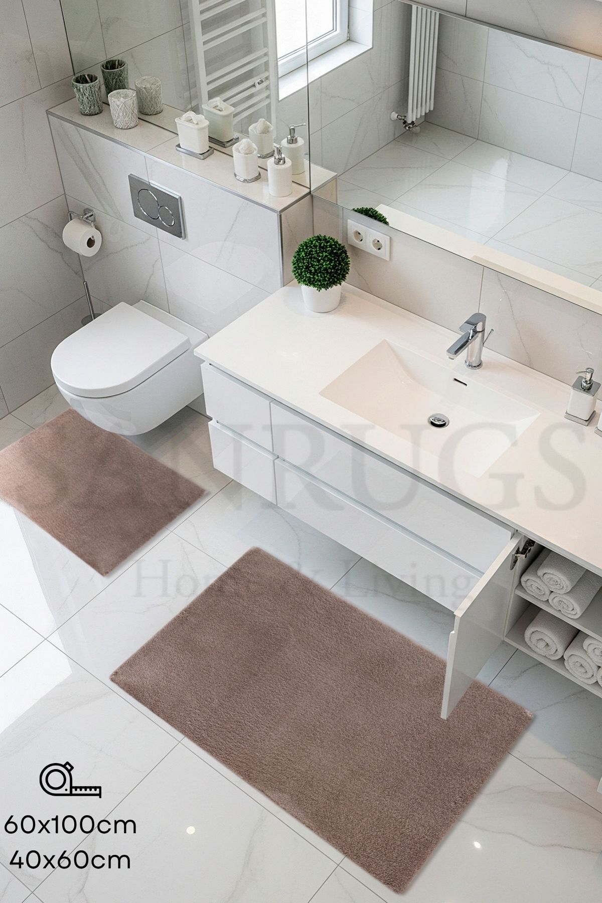 60x100cm ve 40x60cm 2'li Banyo Paspas Seti Peluş Tüylü Kaymaz Taban Yıkanabilir - 1