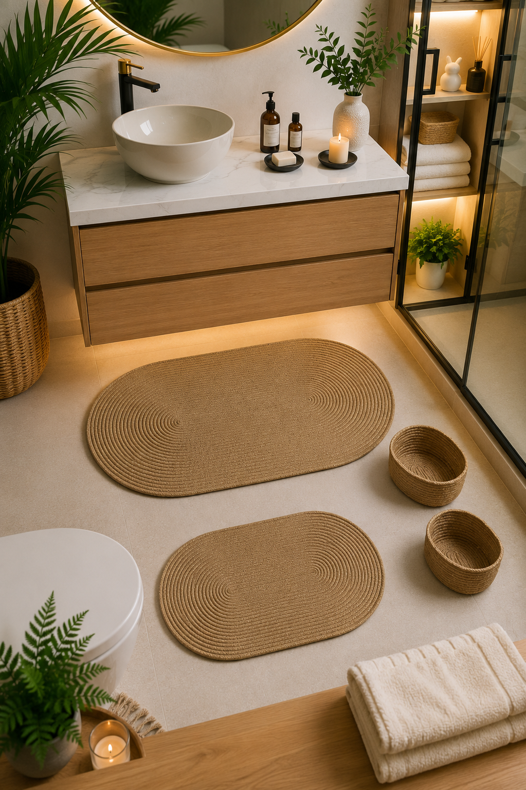 Jüt Örgülü ve Yıkanabilir 4 Parçalı Banyo Paspas ve Sepet Takımı,60x100cm/40x60cm/2 Adet Sepet - 1
