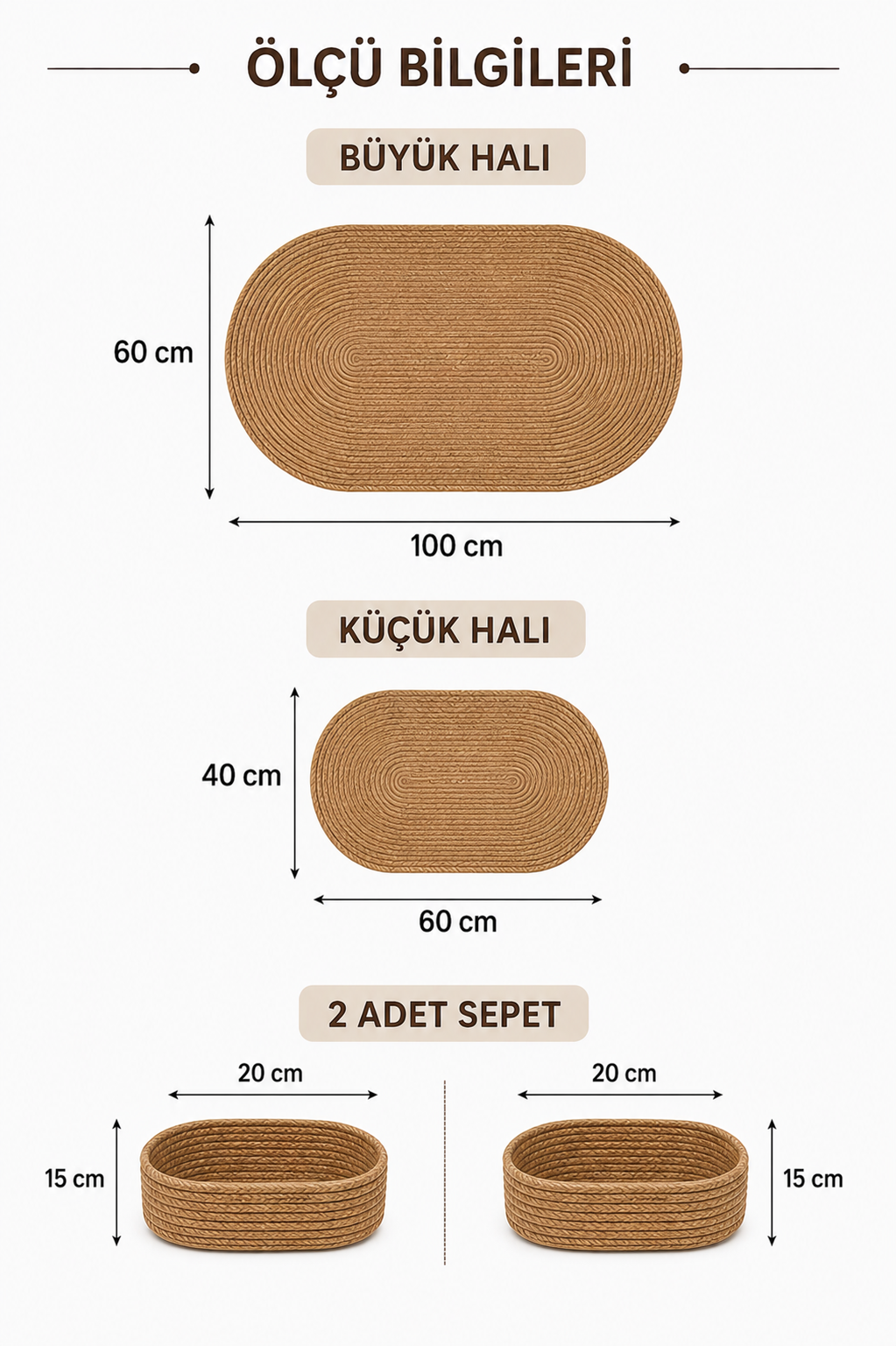 Jüt Örgülü ve Yıkanabilir 4 Parçalı Banyo Paspas ve Sepet Takımı,60x100cm/40x60cm/2 Adet Sepet - 3