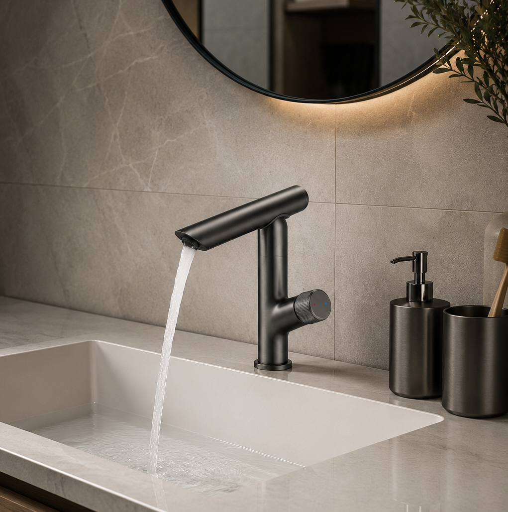 Antrasit Modern 360 Döner Banyo Lavabo Bataryası Gun Metal (Pirinç)