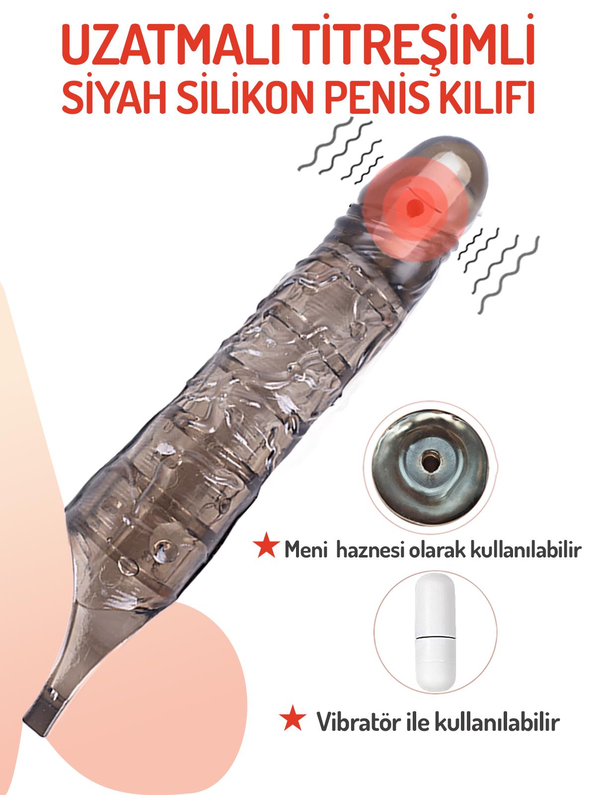 G Noktası Uyarıcılı Güçlü Titreşimli 6 Cm Uzatmalı Testis Tutacaklı 25 Cm Siyah Silikon Penis Kılıfı