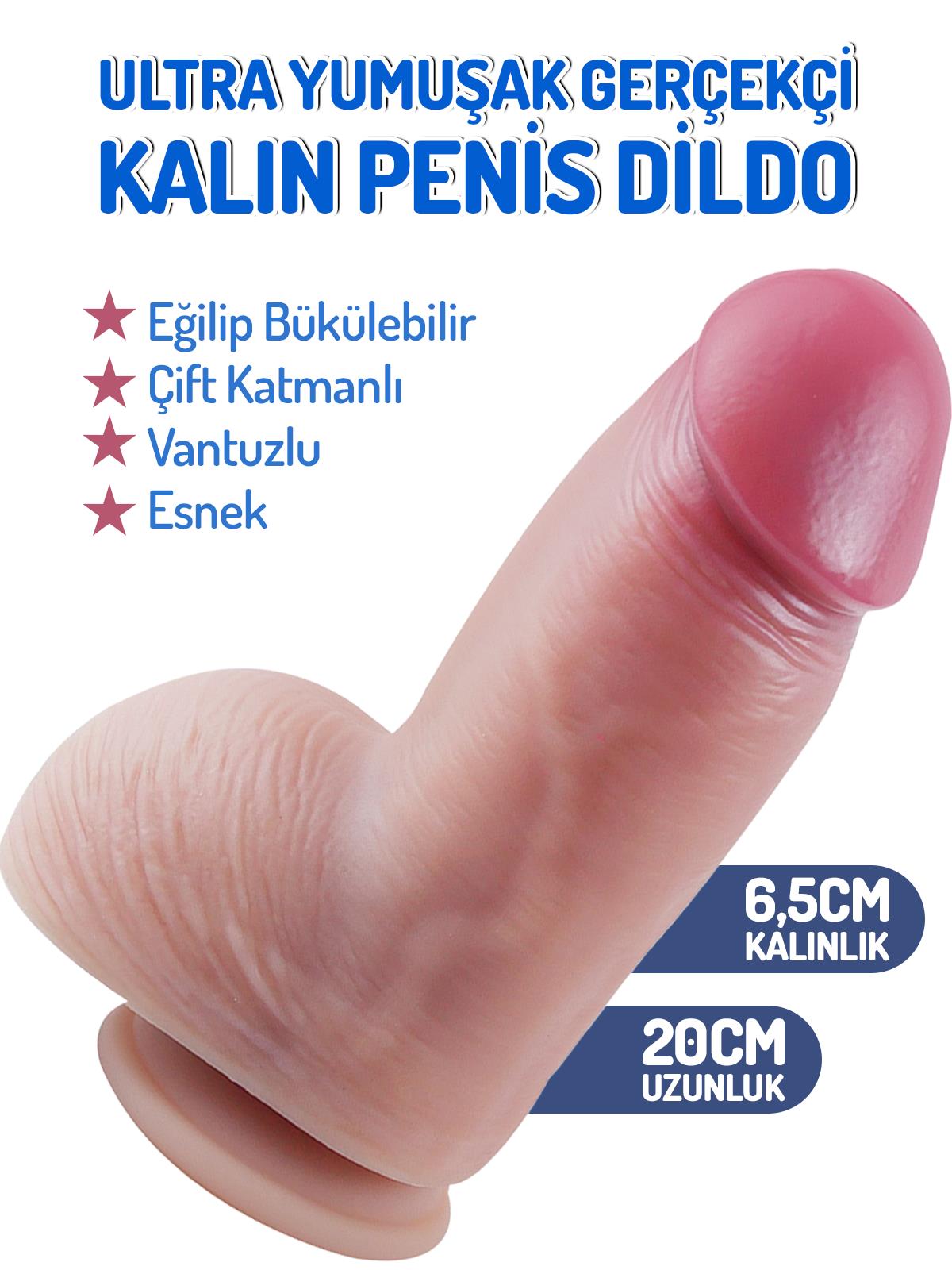 Sıvı Silikon Yumuşak Çift Katmanlı Kalın 20 Cm Eğilip Bükülebilir Penis Vantuzlu Realistik Dildo