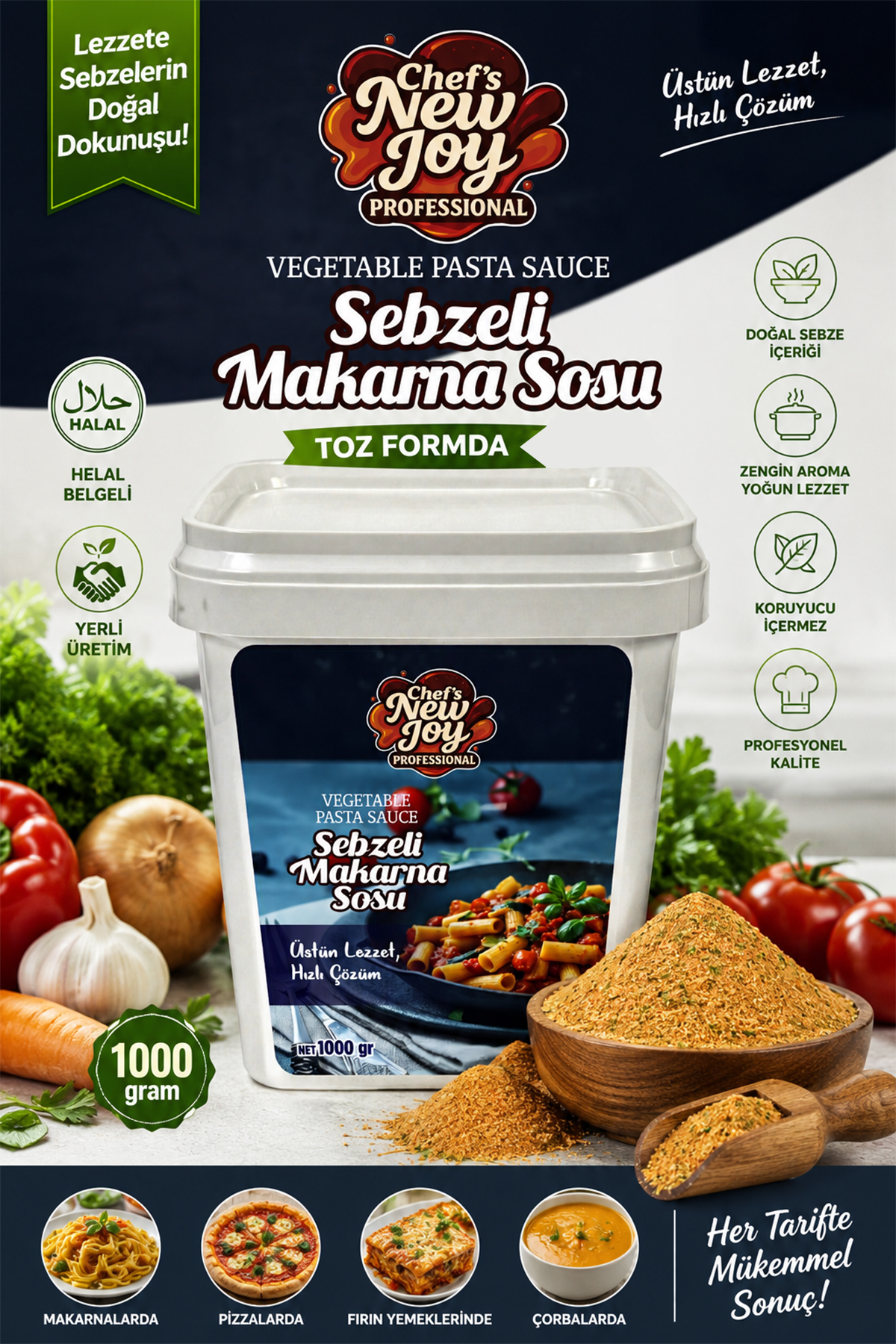 Sebzeli Makarna Sosu 1000 gr Vegetable Pasta Sauce - Helal Belgeli, Yerli Üretim
