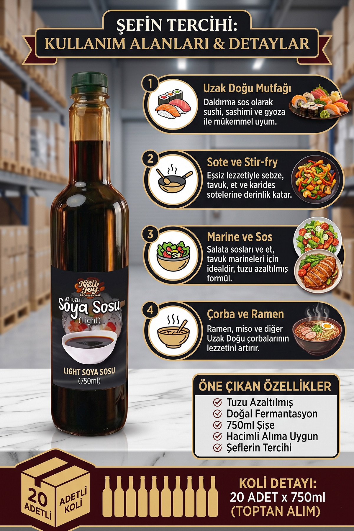 Tuzu Azaltılmış Soya Sosu 750 ML x 20 Adet - 1 Koli (Koli Bazlı Avantaj Paketi)