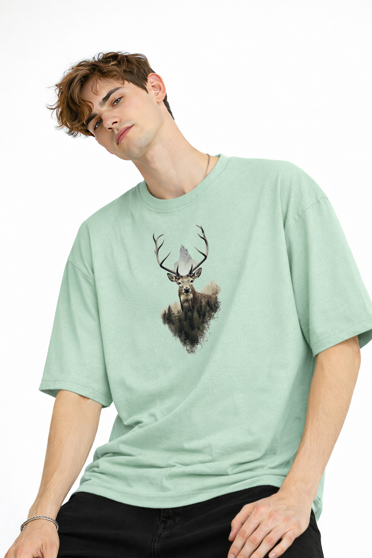 Deer - Oversize Erkek Tişört SU YESILI