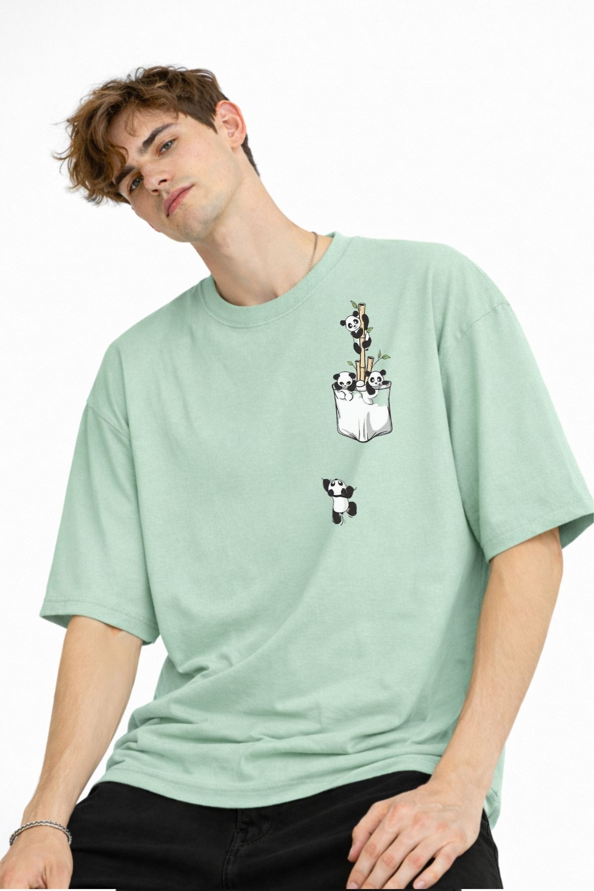 Panda - Printed Oversize T-Shirt WATER GREEN