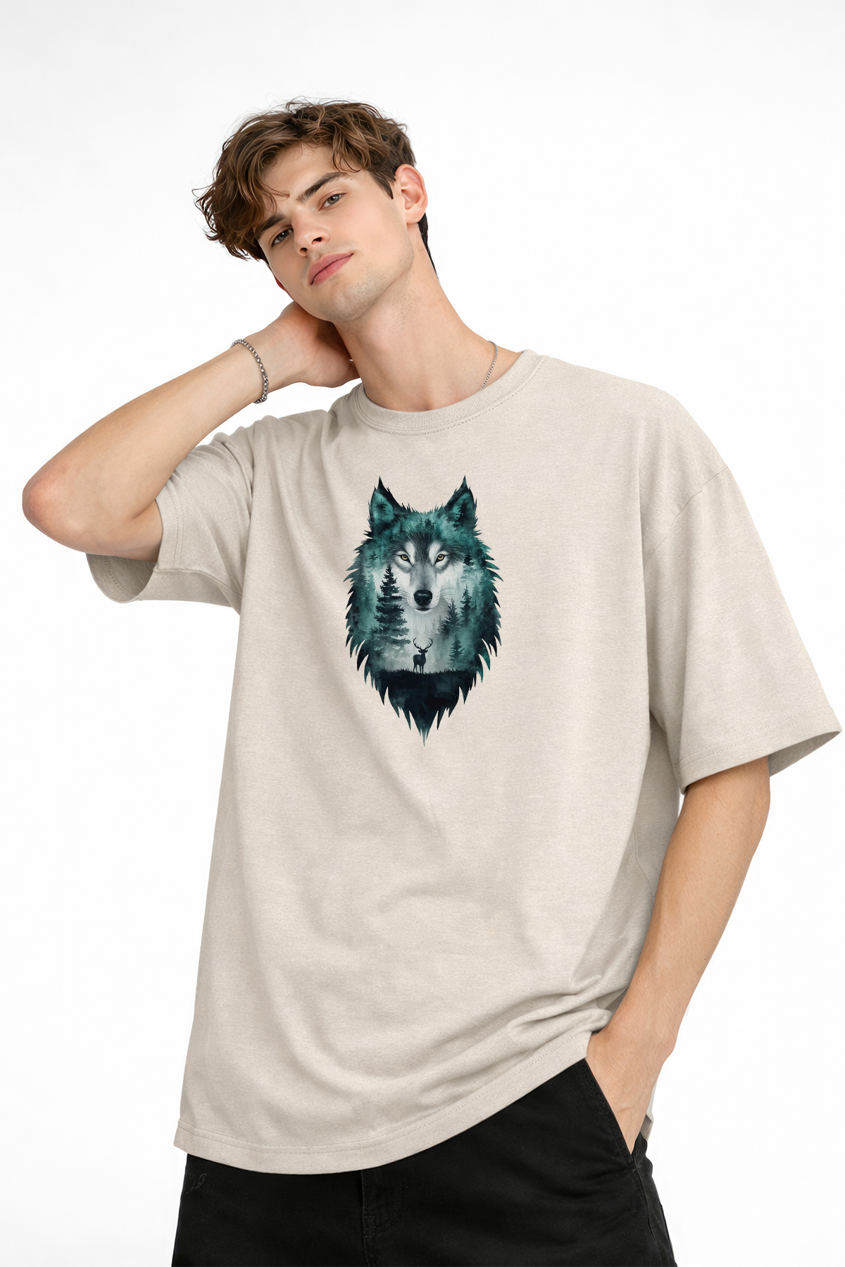 Wolf - Оверсайз Мъжка Тениска БЕЖОВО