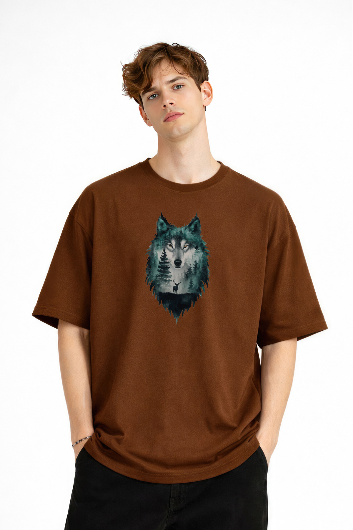 Wolf - Oversize Men's T-Shirt BROWN