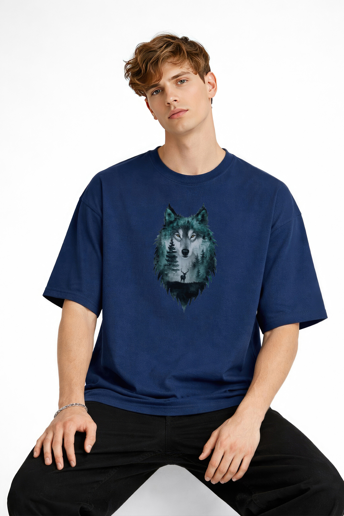 Wolf - Oversize Men's T-Shirt Dark Blue