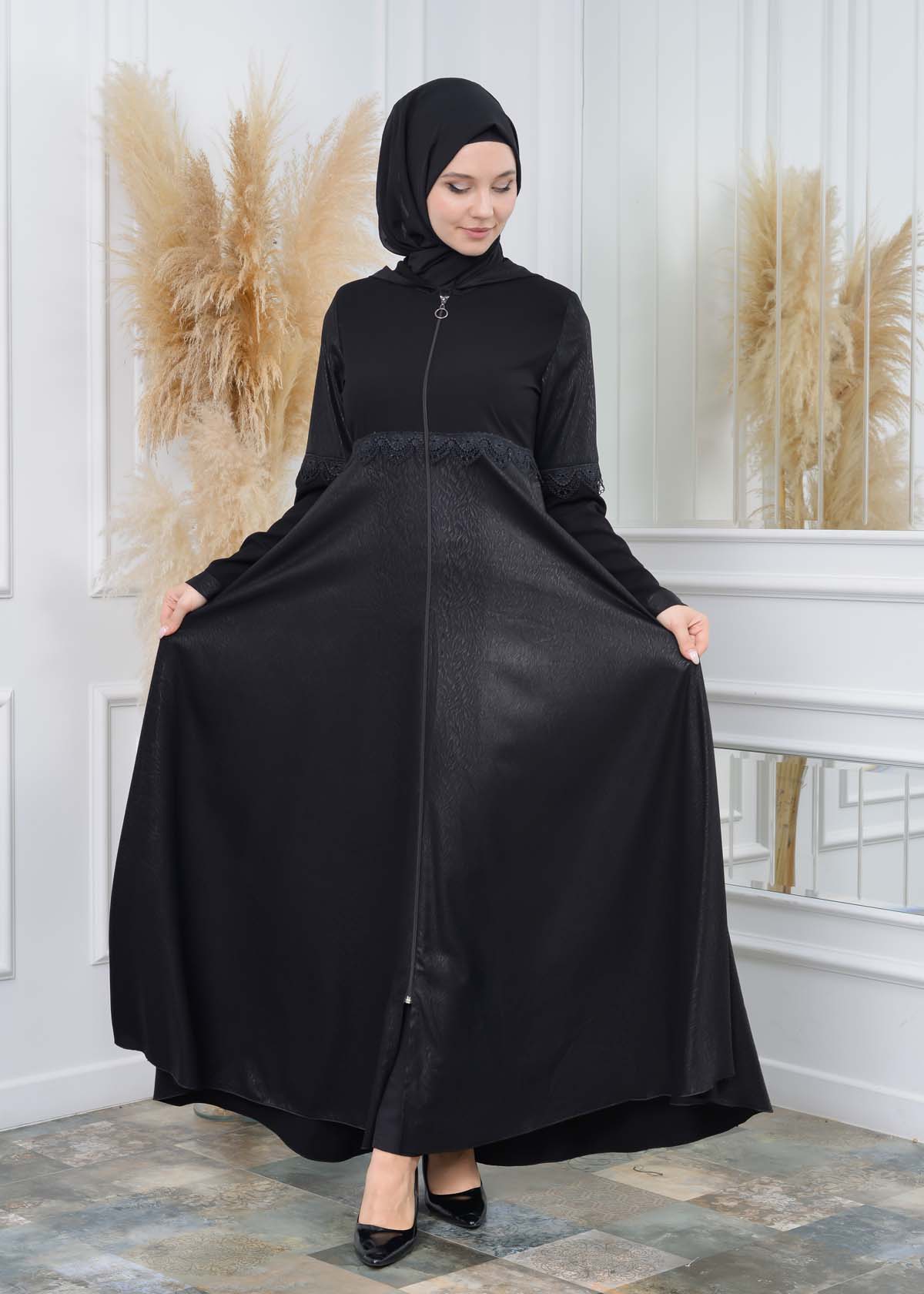 Modamix women Hoodied Abaya of Rose Rise fabric 567 Siyah