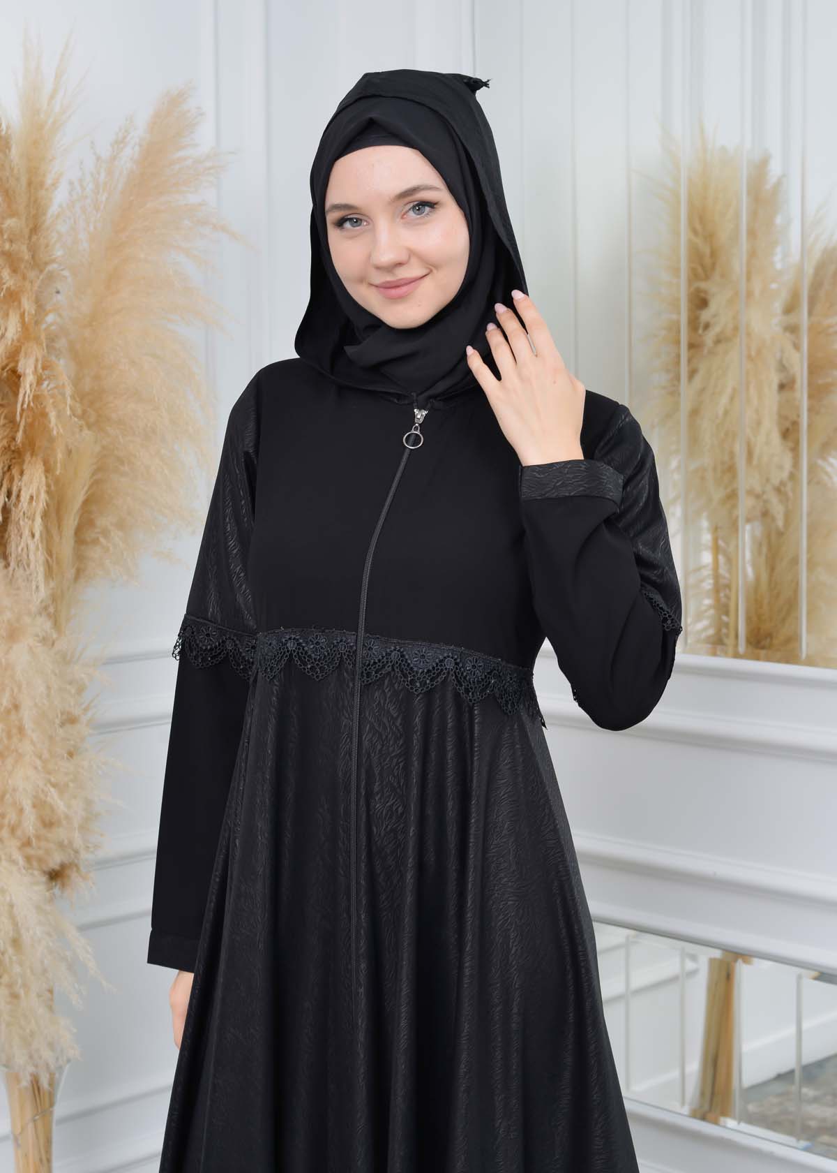 Modamix women Hoodied Abaya of Rose Rise fabric 567 Siyah