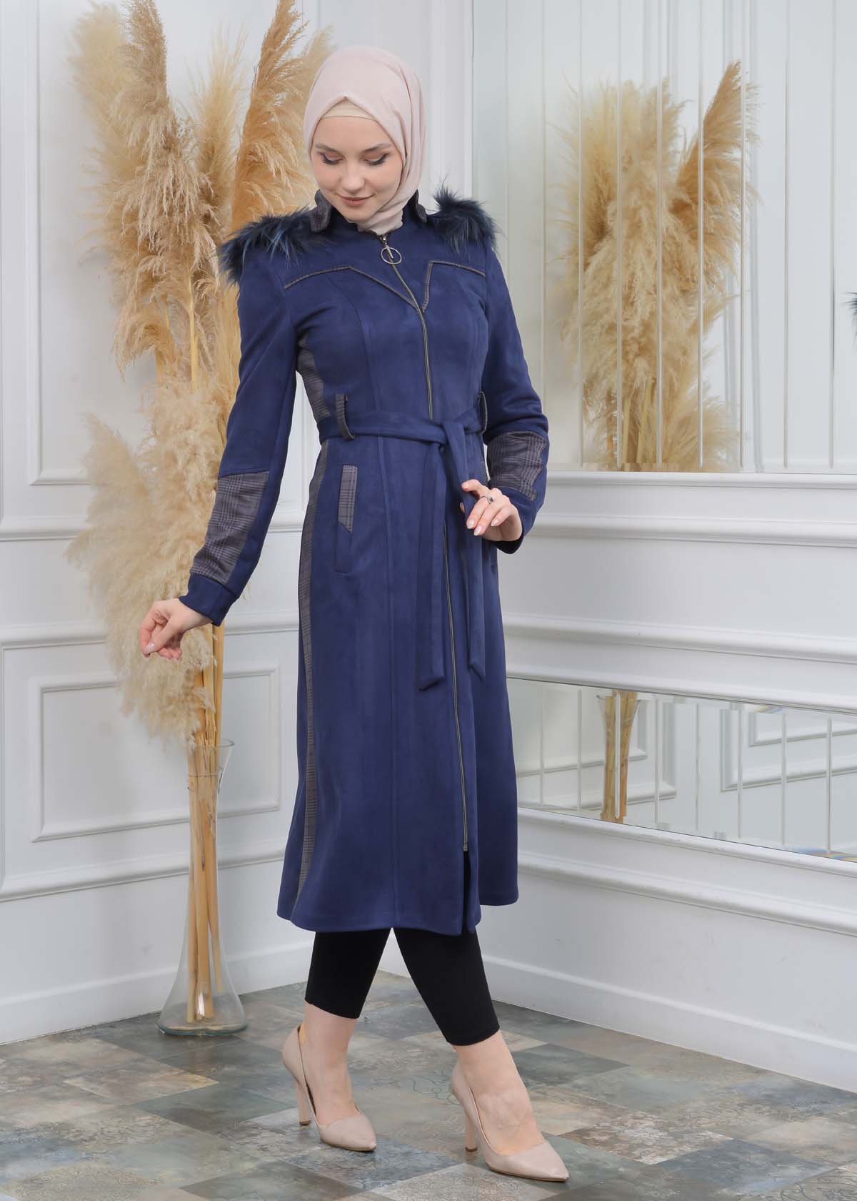 Chamois Women's trench coat with a movable hoodie 1323 Lacivert