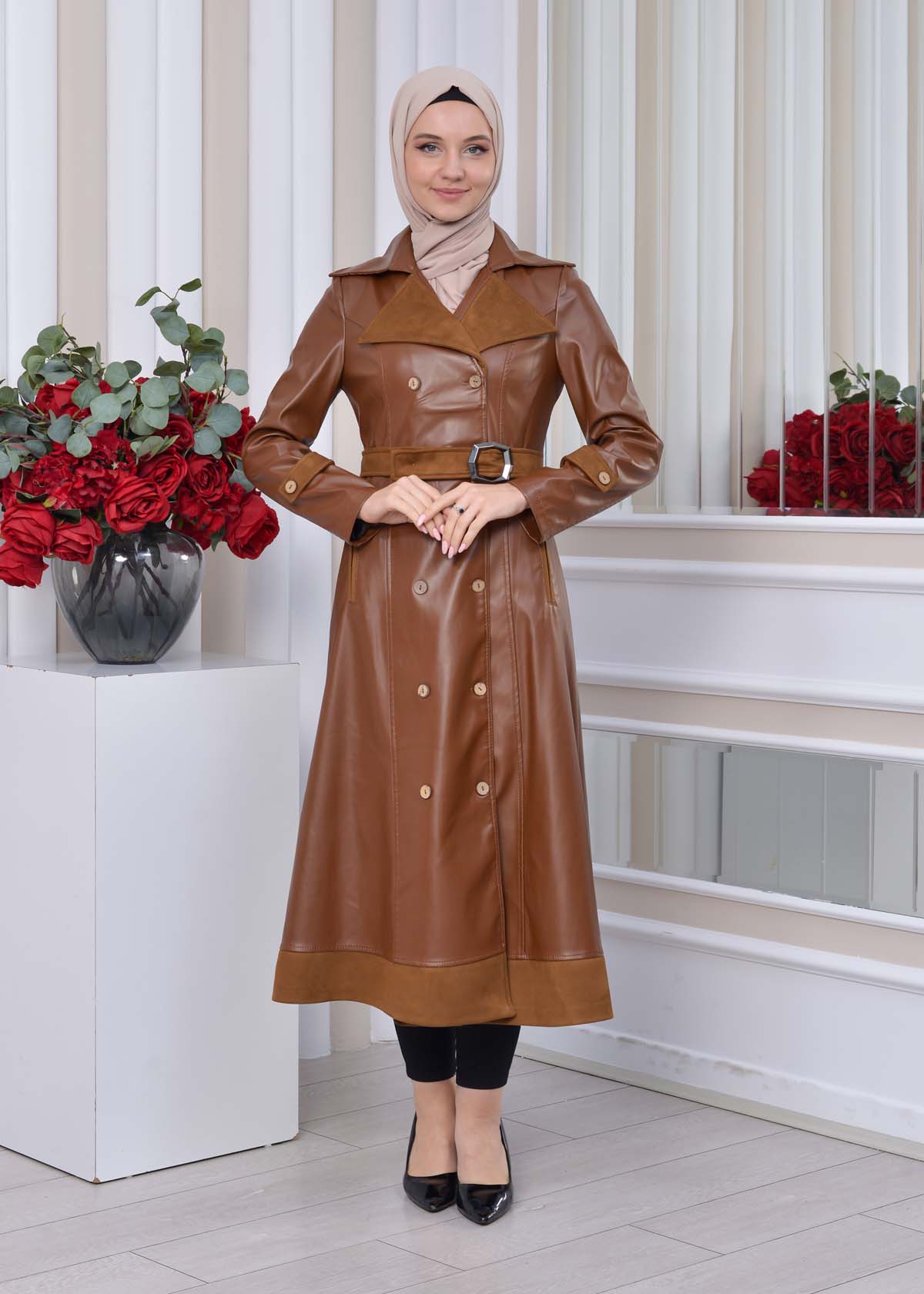 Belted Buttons Leather Trench Coat 1334 - tan