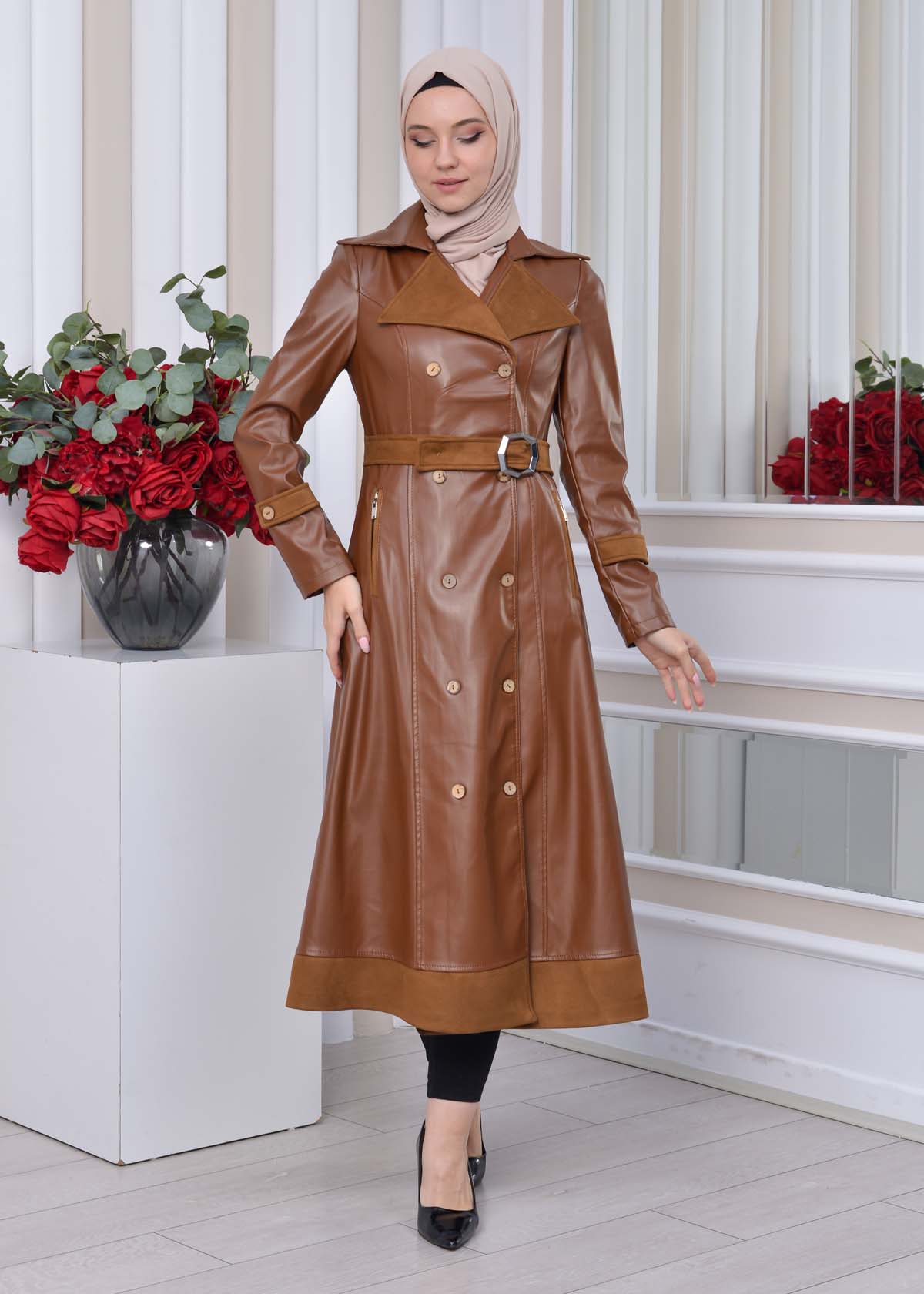 Belted Buttons Leather Trench Coat 1334 taba