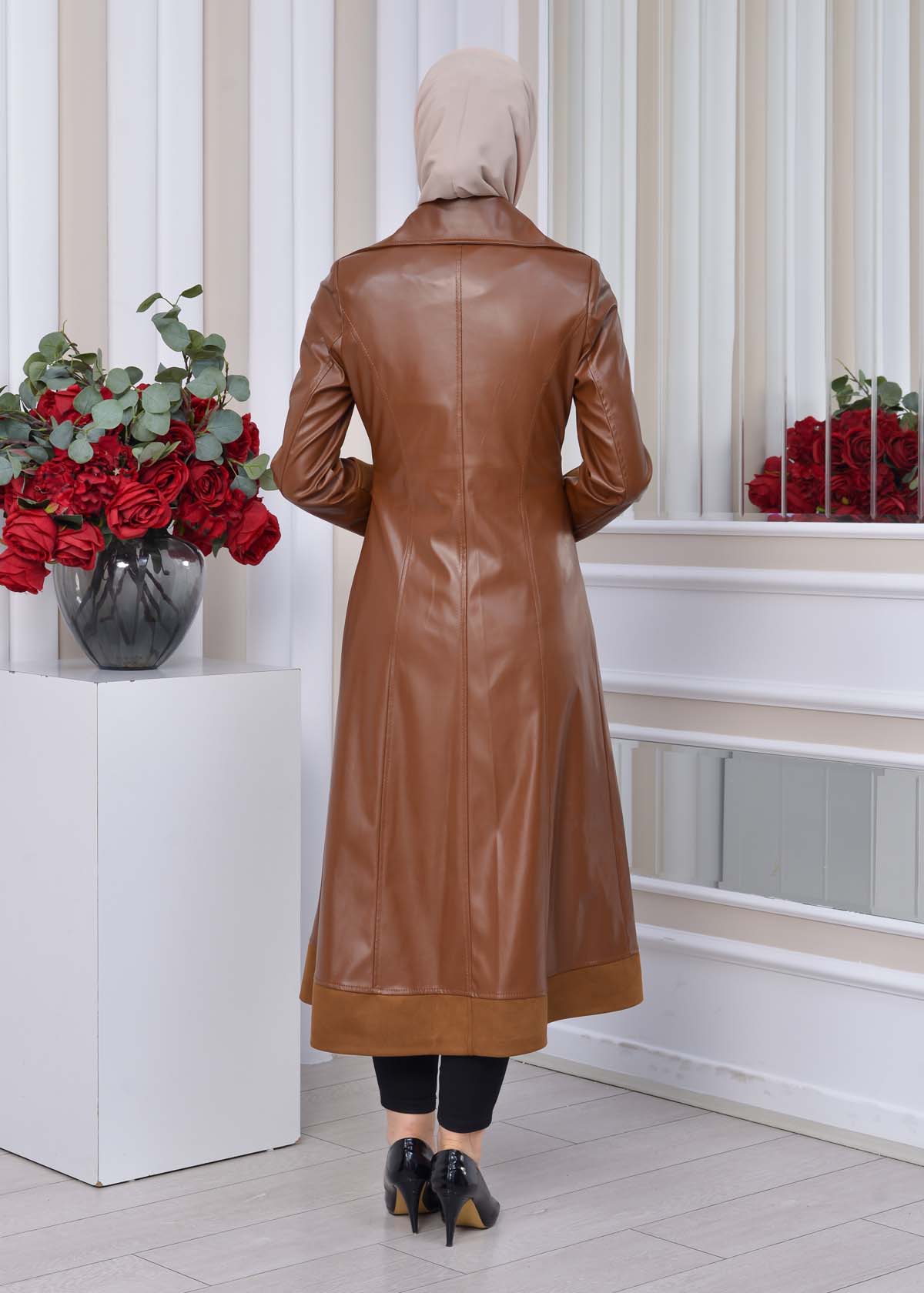 Belted Buttons Leather Trench Coat 1334 taba