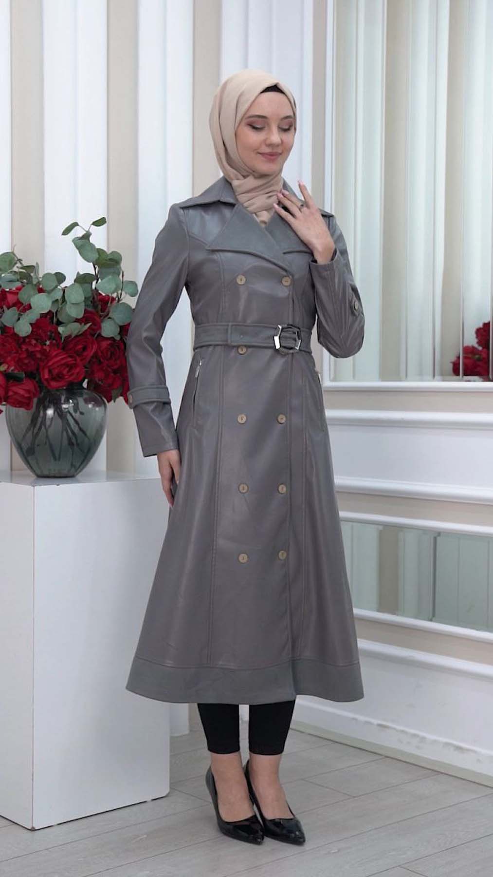 Belted Buttons Leather Trench Coat 1334 Koyu gri