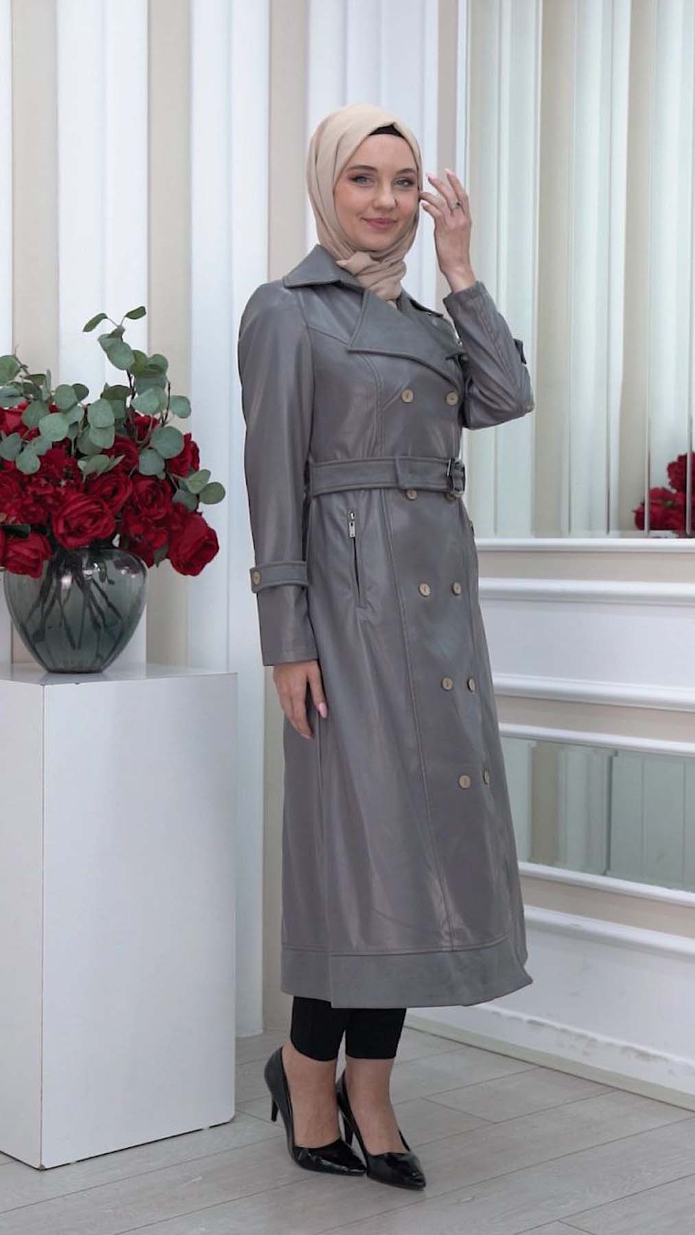 Belted Buttons Leather Trench Coat 1334 Koyu gri