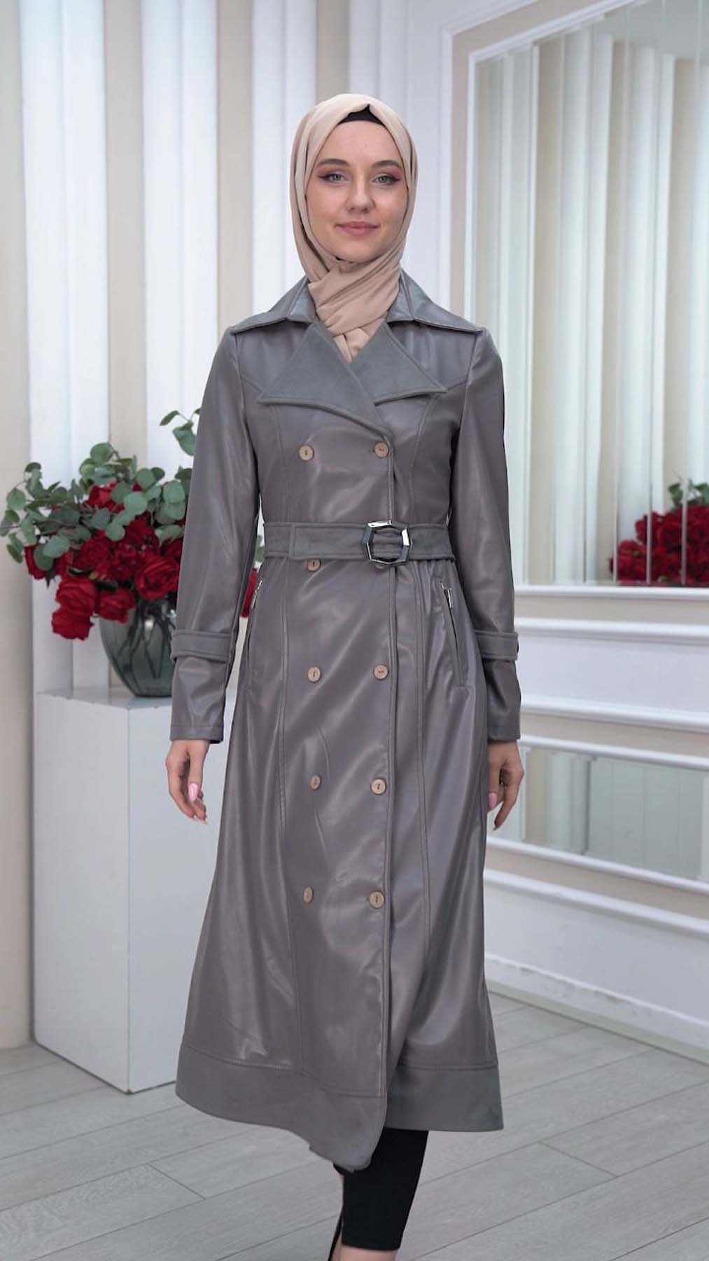 Belted Buttons Leather Trench Coat 1334 Koyu gri