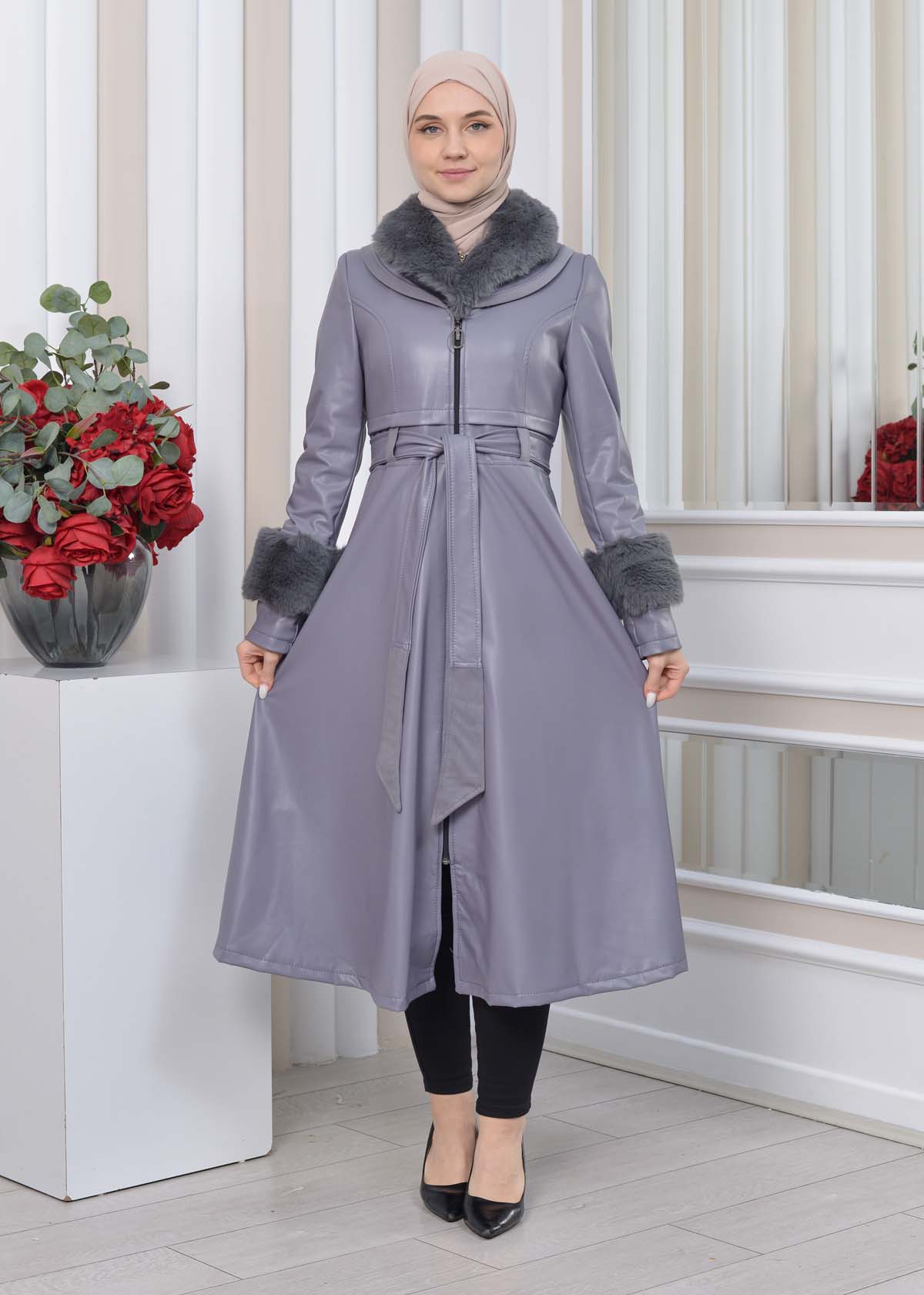 HOODED FUR SLEEVE BELT LEATHER TRENCH COAT 1350 - gray