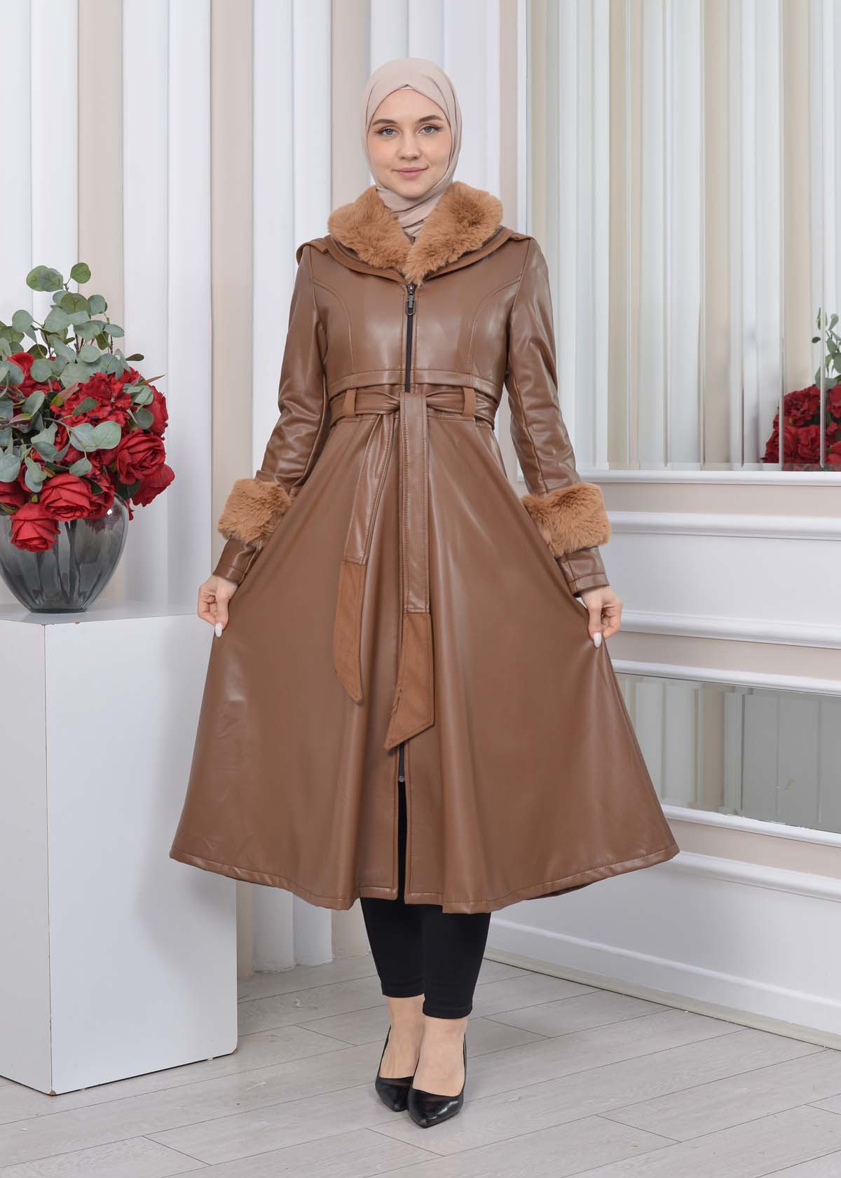 HOODED FUR SLEEVE BELT LEATHER TRENCH COAT 1350 taba