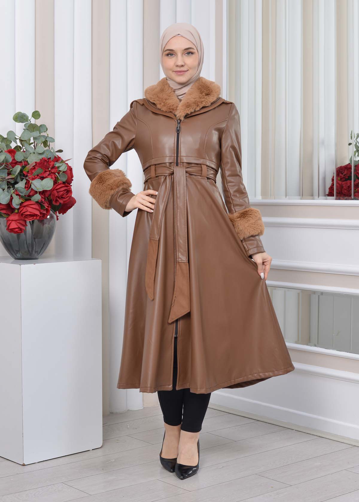 HOODED FUR SLEEVE BELT LEATHER TRENCH COAT 1350 taba