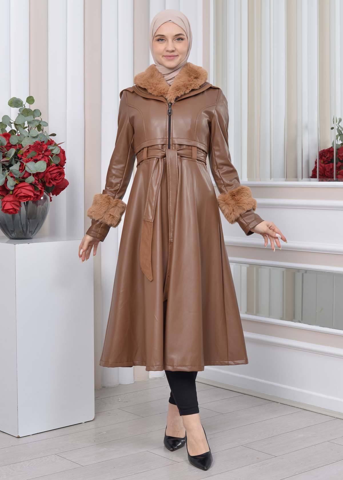 HOODED FUR SLEEVE BELT LEATHER TRENCH COAT 1350 taba