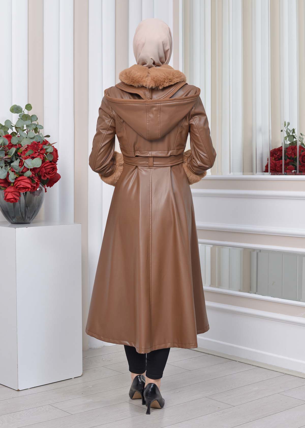 HOODED FUR SLEEVE BELT LEATHER TRENCH COAT 1350 taba