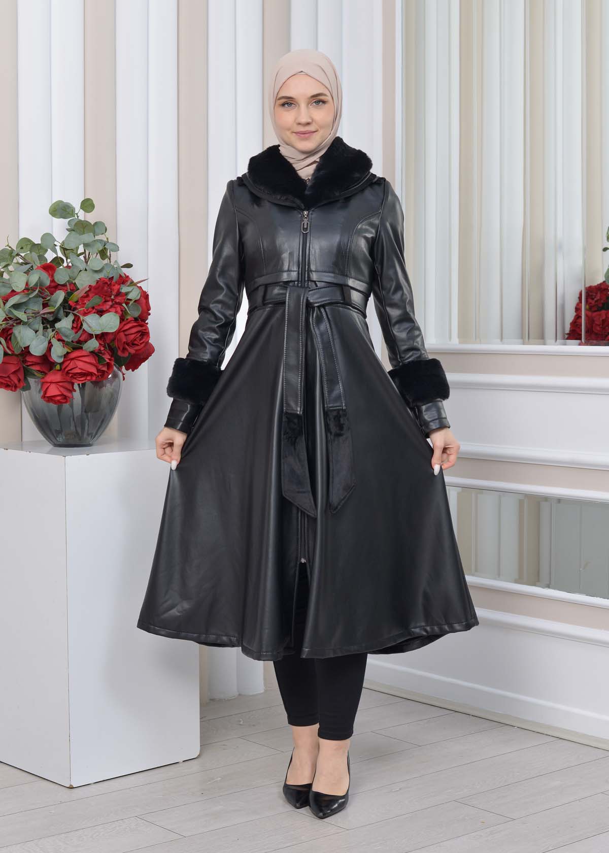 HOODED FUR SLEEVE BELT LEATHER TRENCH COAT 1350 - black