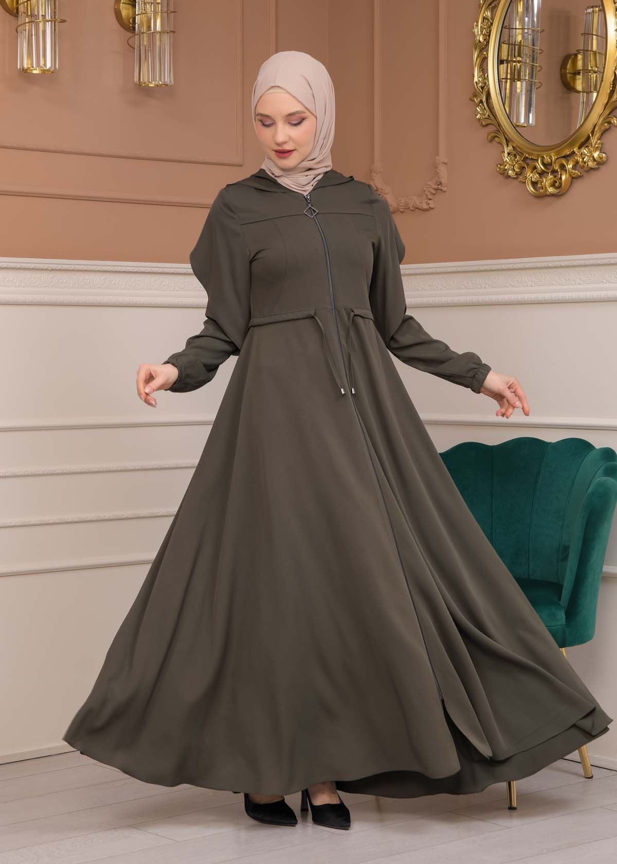 Modest Abaya With Flared Sleeve Detail 677 Haki