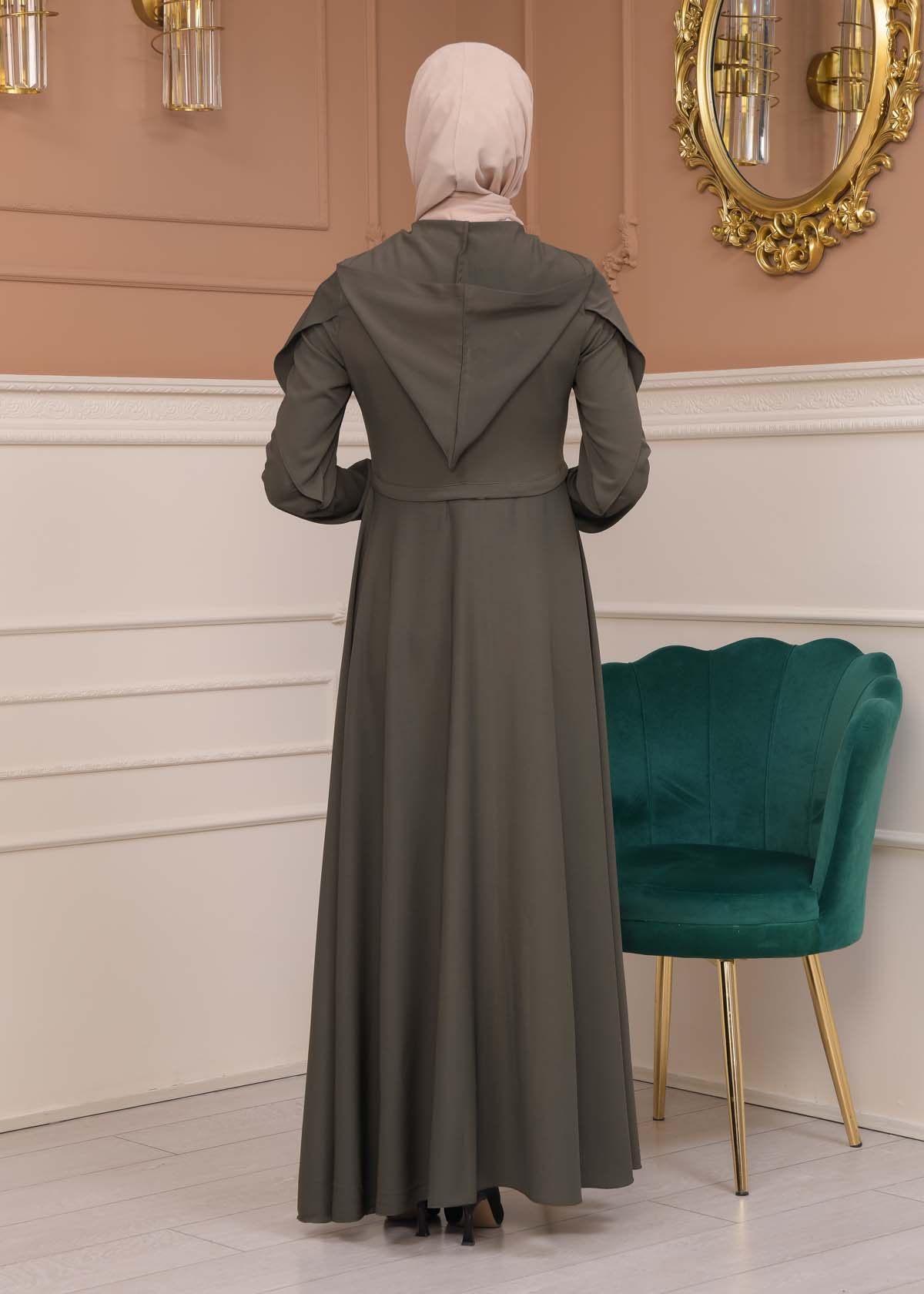 Modest Abaya With Flared Sleeve Detail 677 Haki