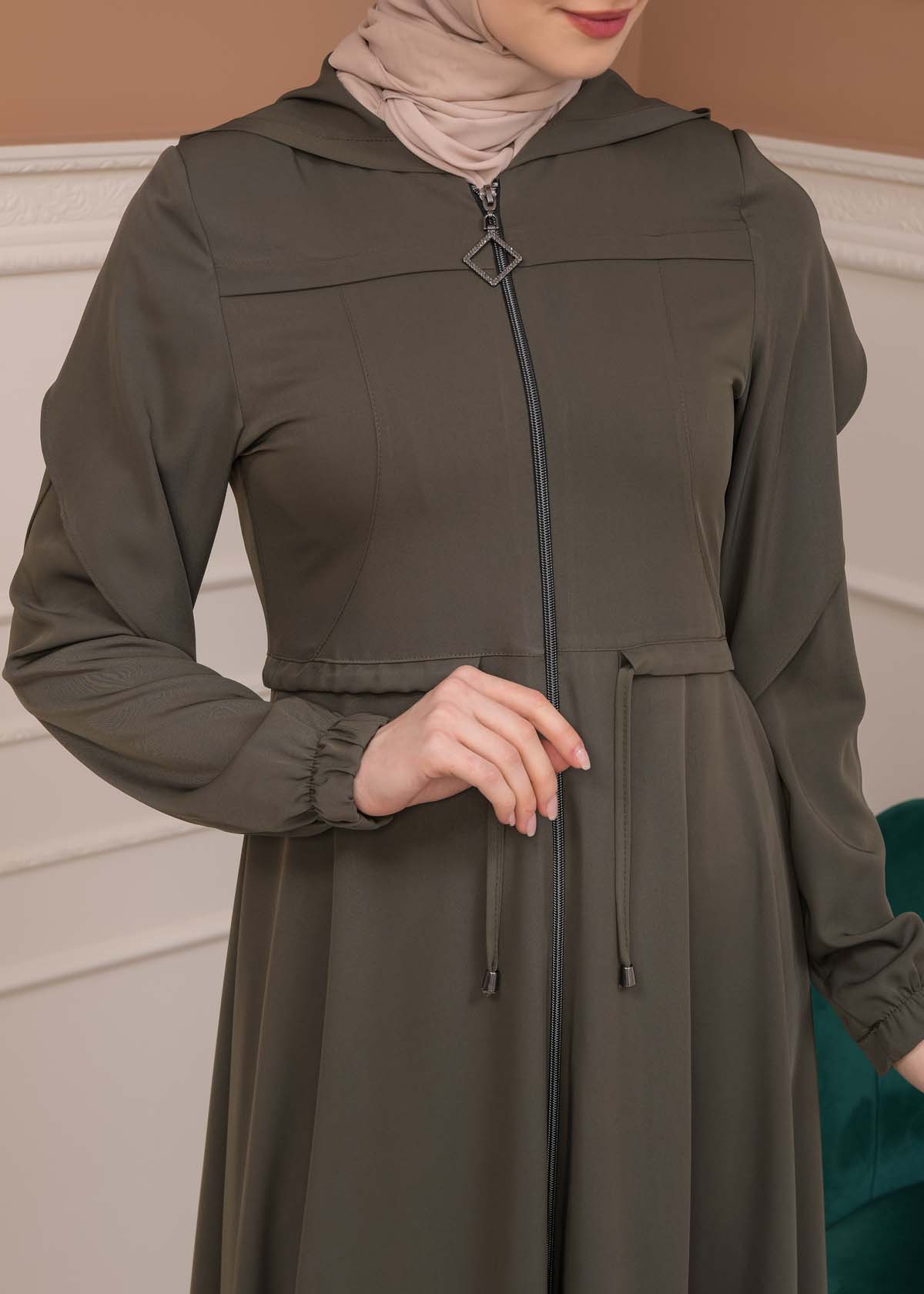 Modest Abaya With Flared Sleeve Detail 677 Haki