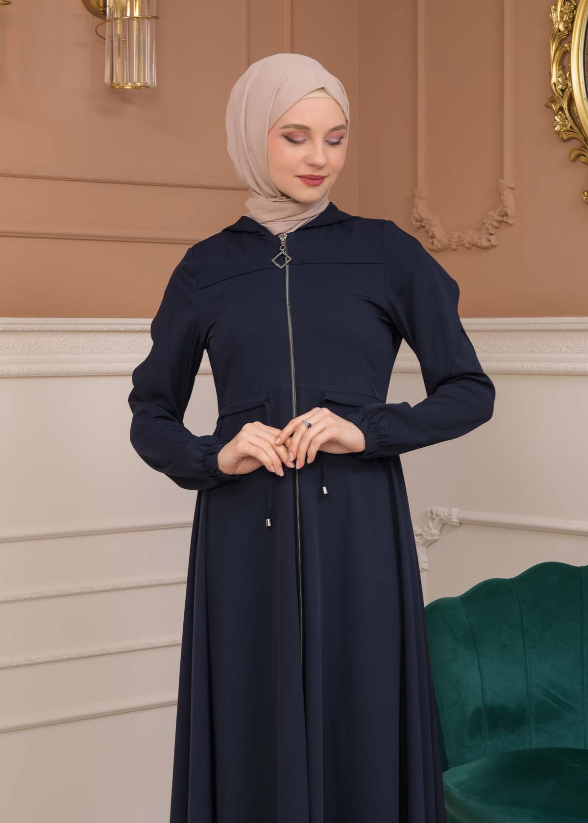 Modest Abaya With Flared Sleeve Detail 677 Lacivert