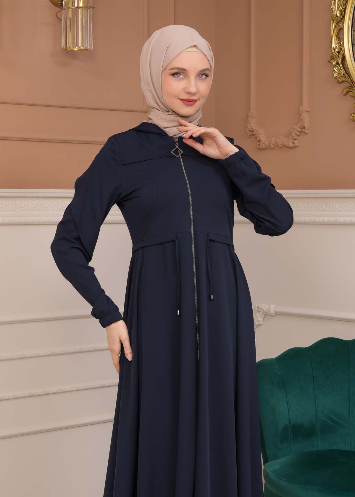 Modest Abaya With Flared Sleeve Detail 677 Lacivert