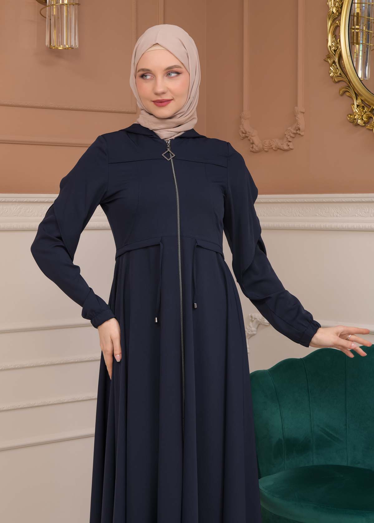 Modest Abaya With Flared Sleeve Detail 677 Lacivert