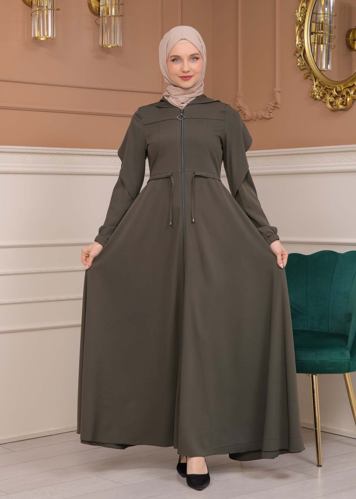 Modest Abaya With Flared Sleeve Detail 677 Haki