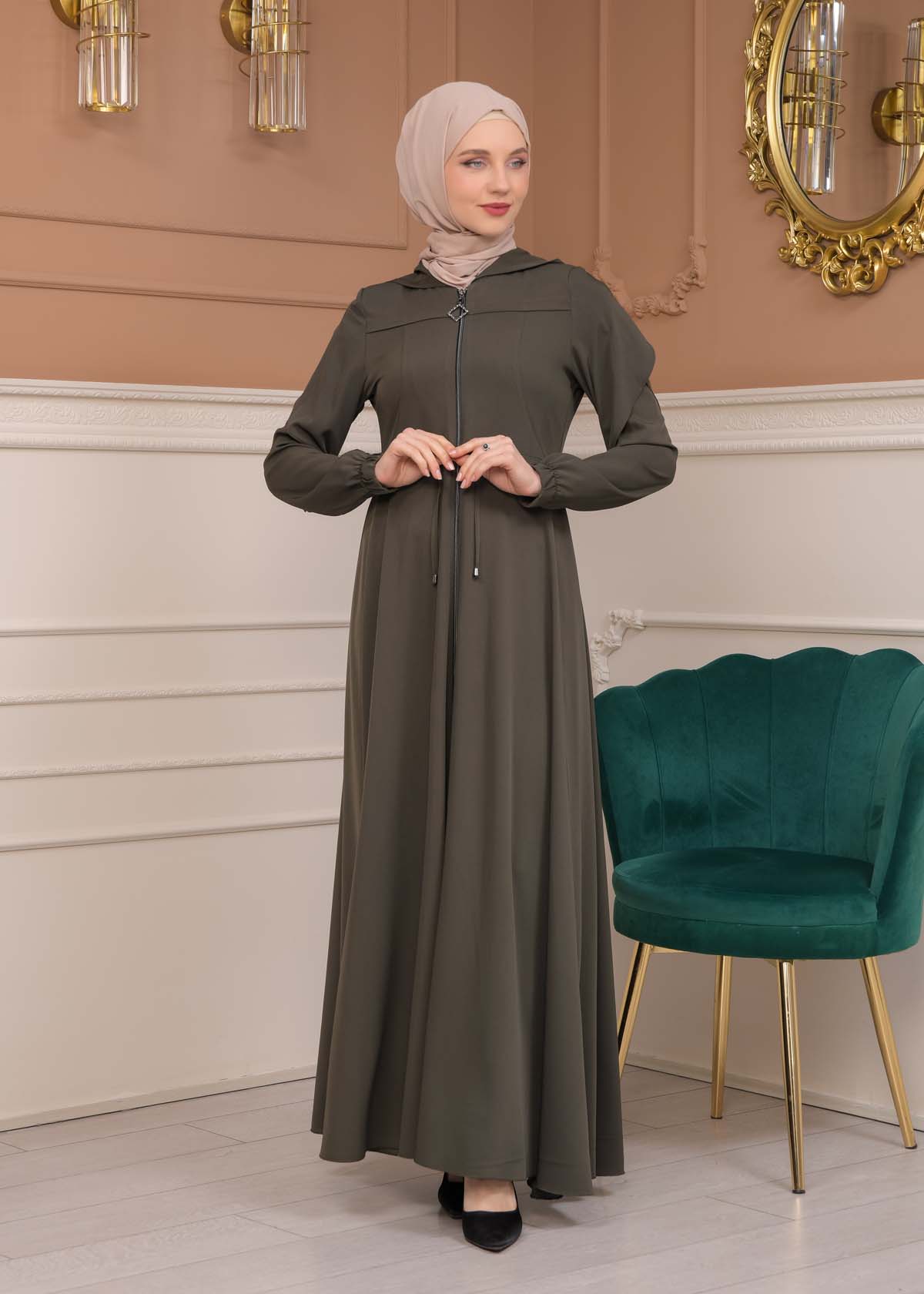 Modest Abaya With Flared Sleeve Detail 677 Haki