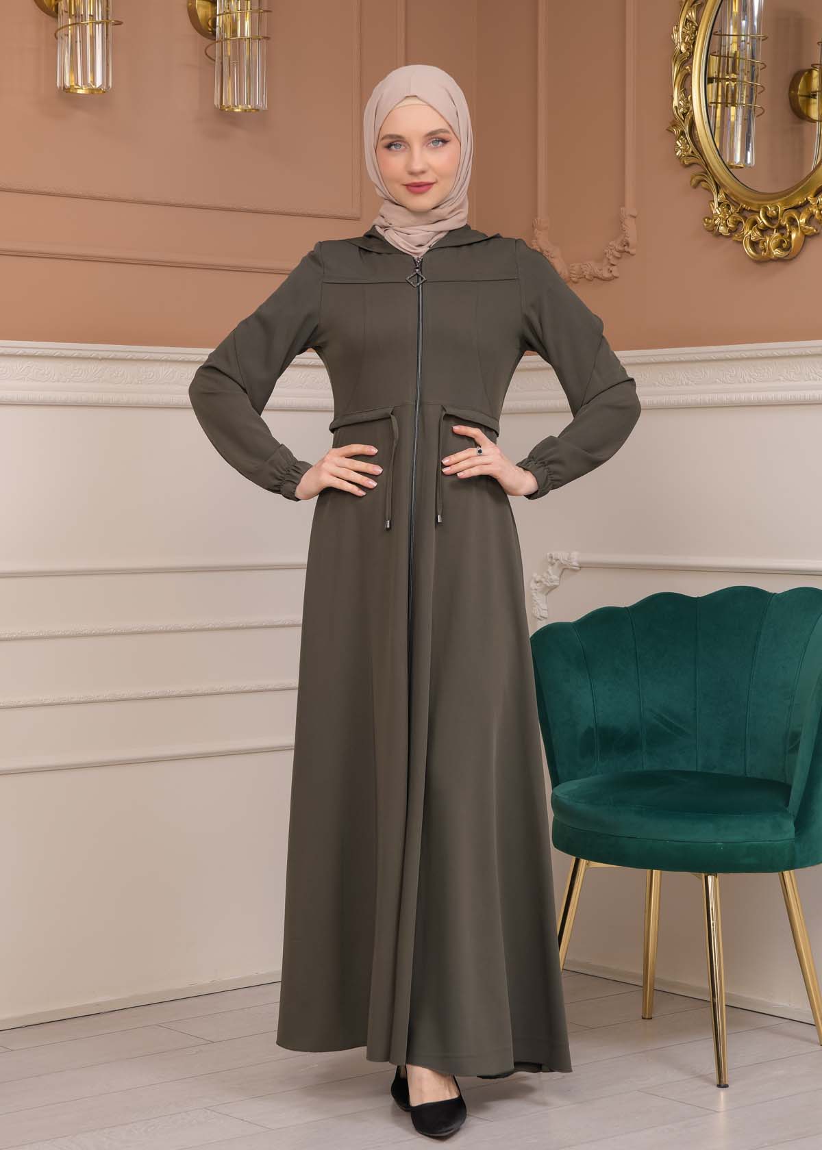 Modest Abaya With Flared Sleeve Detail 677 Haki