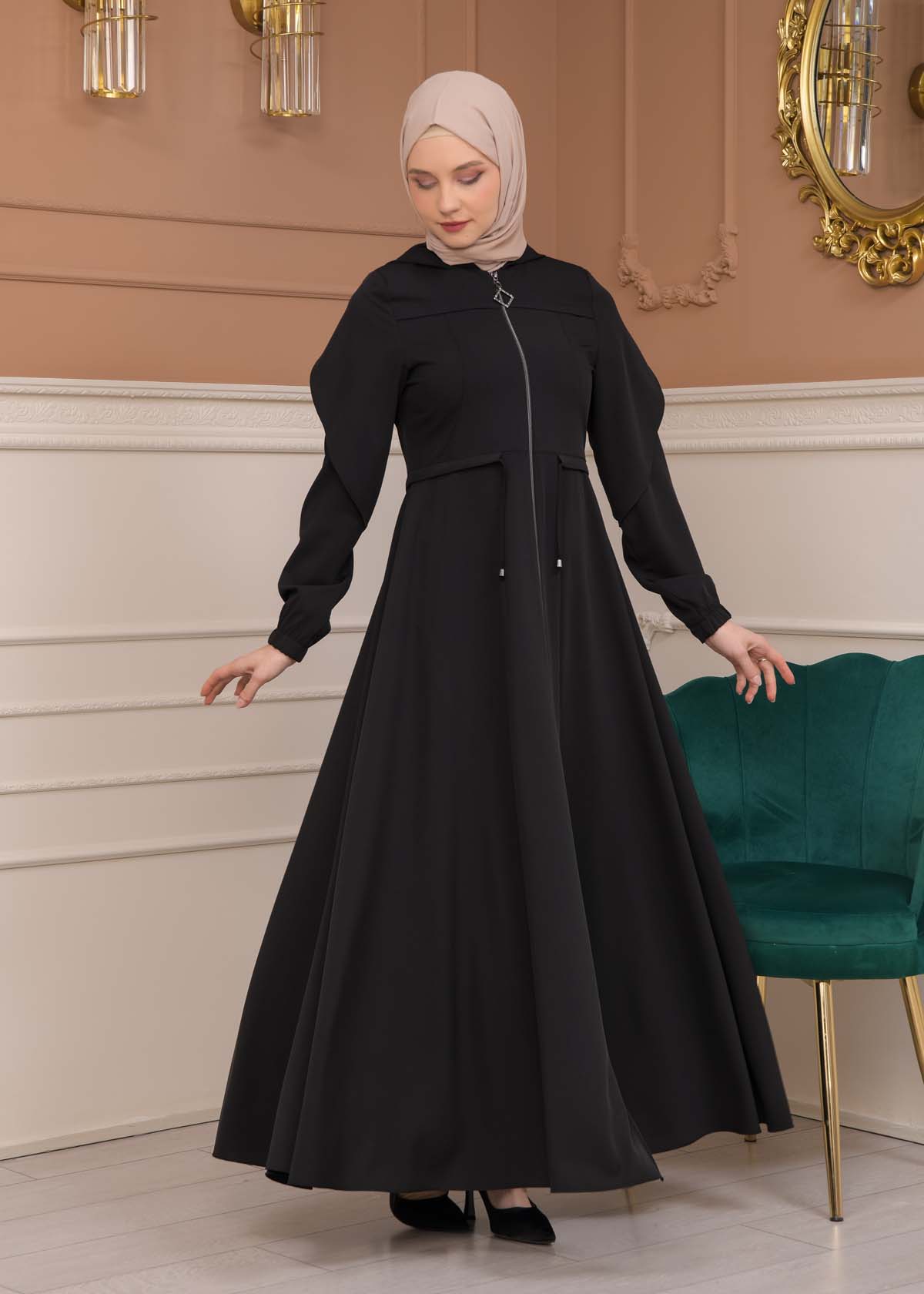 Modest Abaya With Flared Sleeve Detail 677 - black